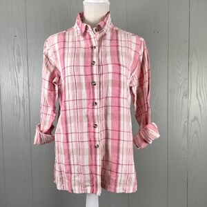 VINTAGE Cottagecore Linen Shirt Womens 8 S Pink Plaid Long‎ Farmhouse Overshirt